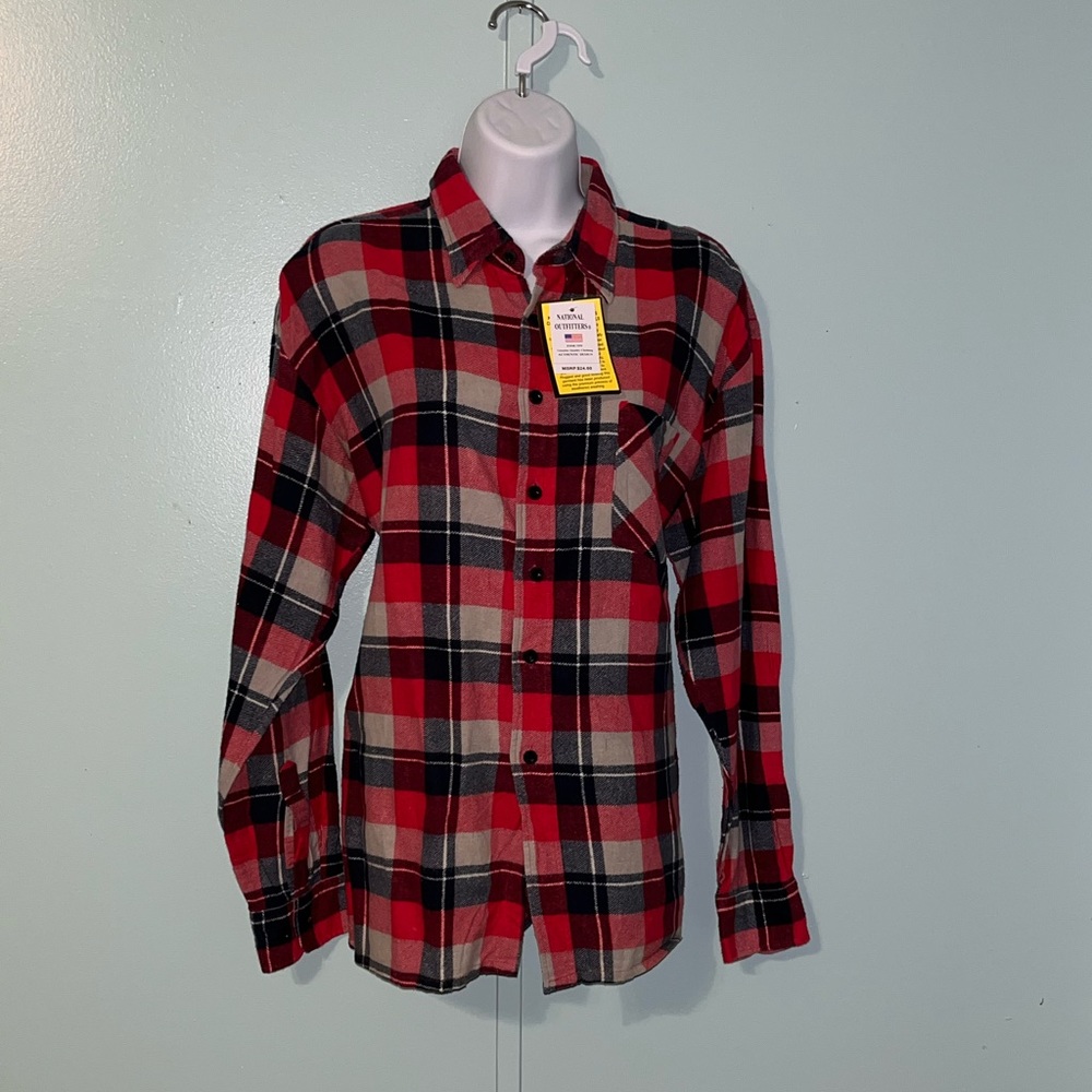 NWT National Outfitters Flannel Button Down Red Gray Blue Size Large